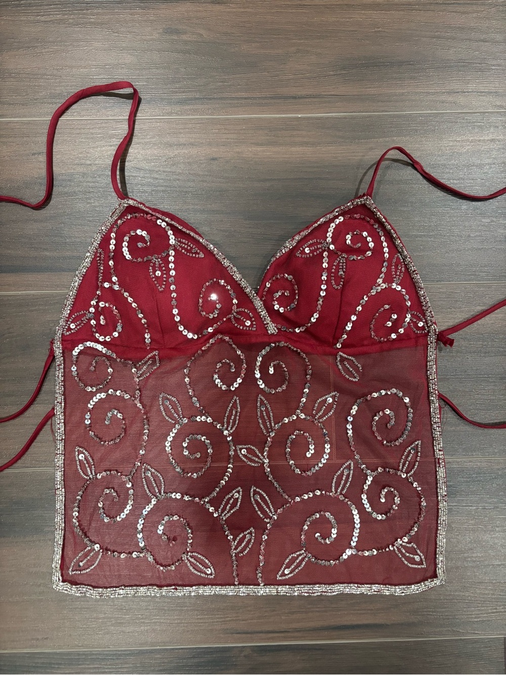 Vintage Elegant RED Sheer Embellished Beaded Sequin Halter Open Back Camisole
